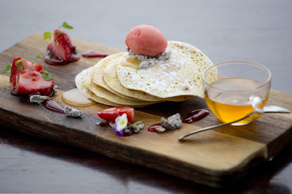 aqua shard pancakes with strawberry ice-cream & maple pecan syrup