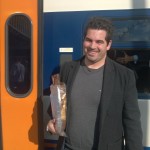 Chef Anthony Garlando boards the train home laden with samples