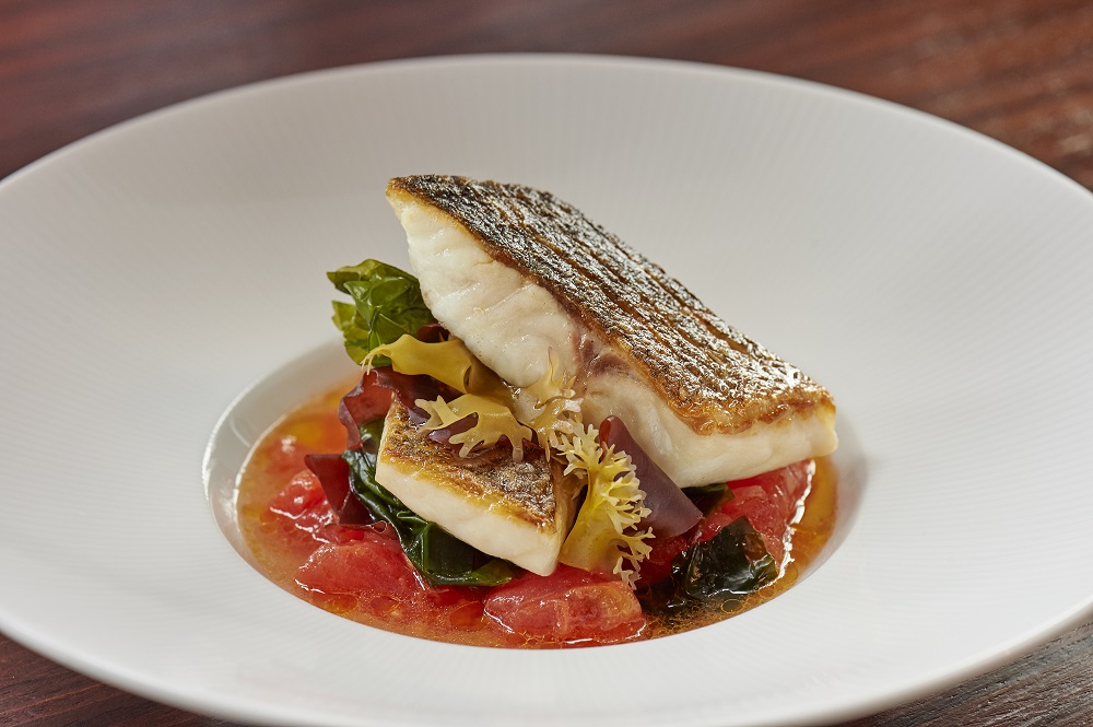 LR-Roasted seabass with confit heritage tomato, pickled dulse, sea lettuce